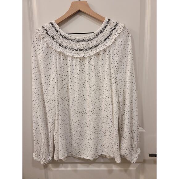 Loft Dotted Smocked Long Sleeve Blouse - Picture 2 of 7